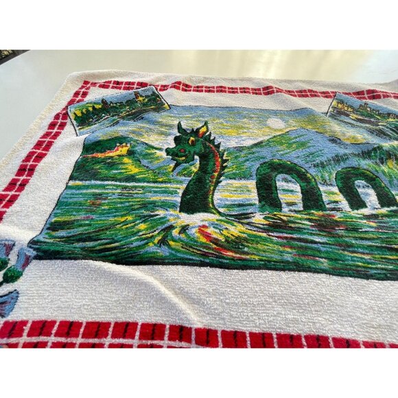 Vintage 70s Loch Ness Monster terry cloth towel, kitschy Nessie dish towel - Picture 4 of 9